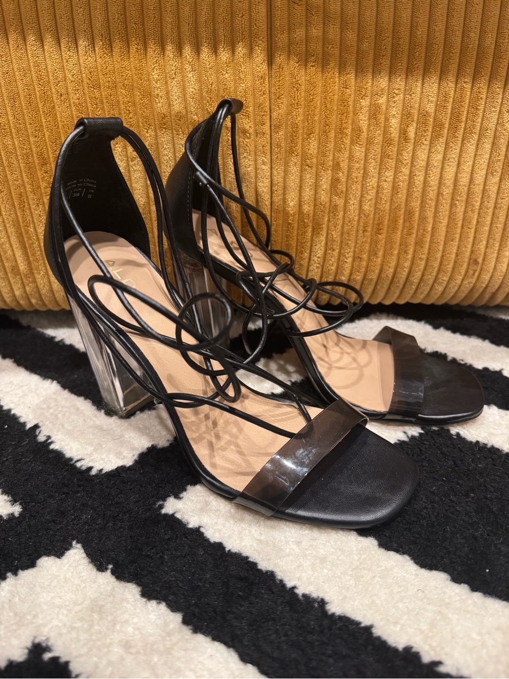 Aldo Black Lace-Up Clear Block Heel Sandals
